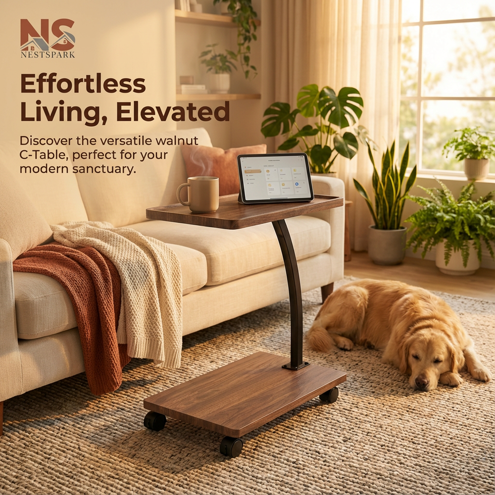 C-Shaped Coffee Table – Sofa Side Snack Table with Wheels, Under Couch End Table, Modern Space-Saving Design