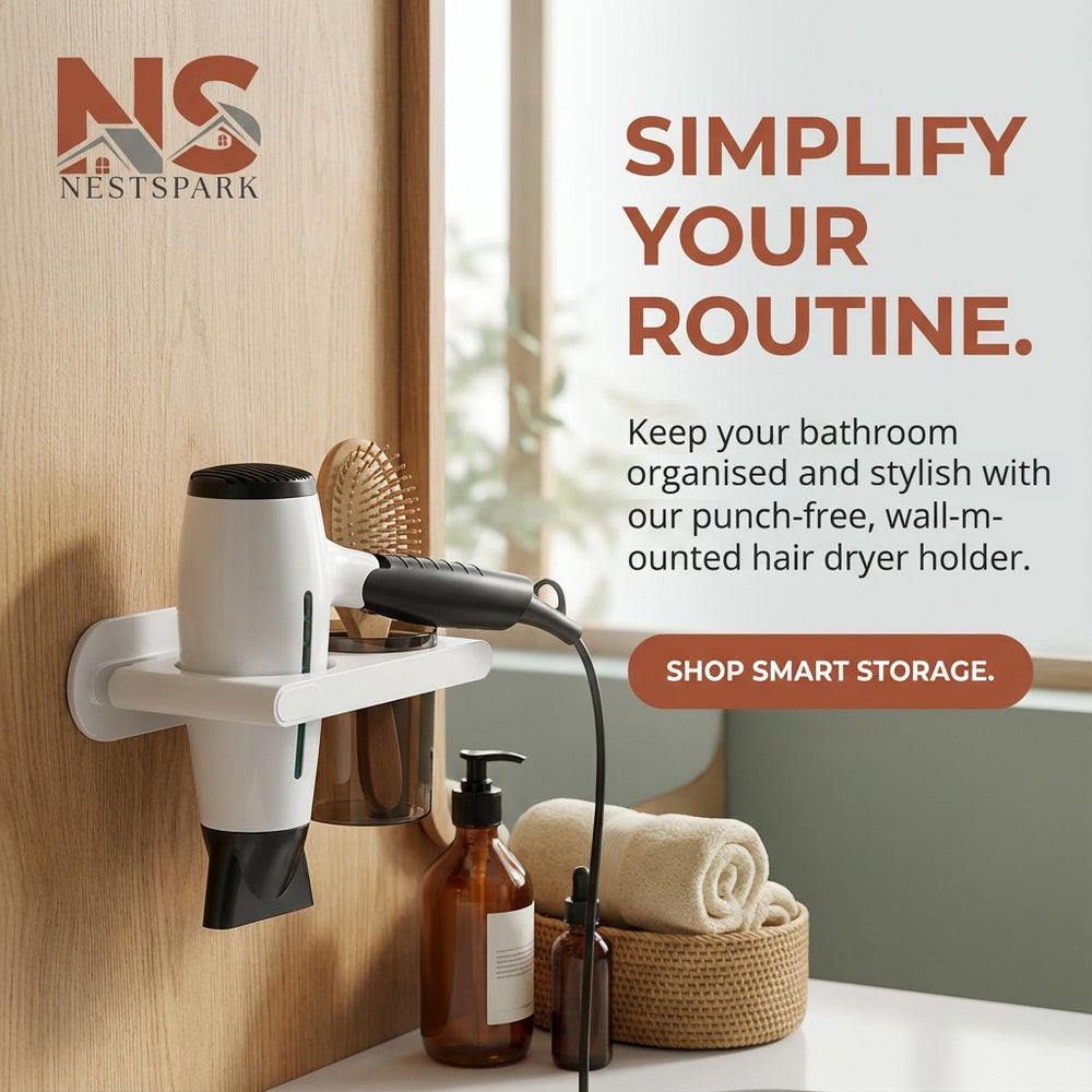 Wall Mounted Hair Dryer Holder – Self-Adhesive, Punch-Free Bathroom Organiser