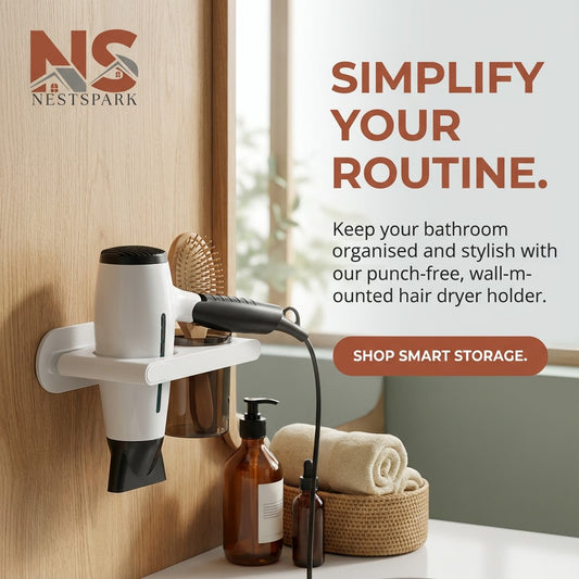 Wall Mounted Hair Dryer Holder – Self-Adhesive, Punch-Free Bathroom Organiser